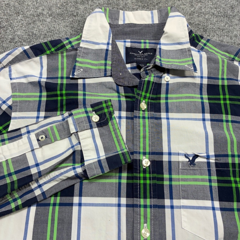 American Eagle Plaid Shirt Mens M Green Blue White Button Up Long Sleeve Preppy